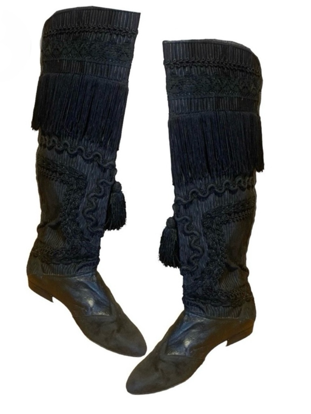 VINTAGE 1980'S BLACK LEATHER FRINGE & RICRAC KNEE HIGH BOOTS (36.5)